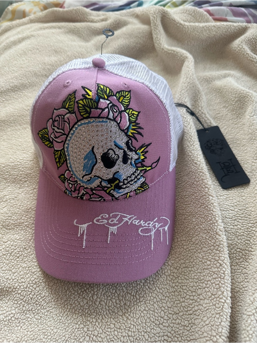 Ed Hardy Pink and White Rhinestone Skull Floral Trucker Hat